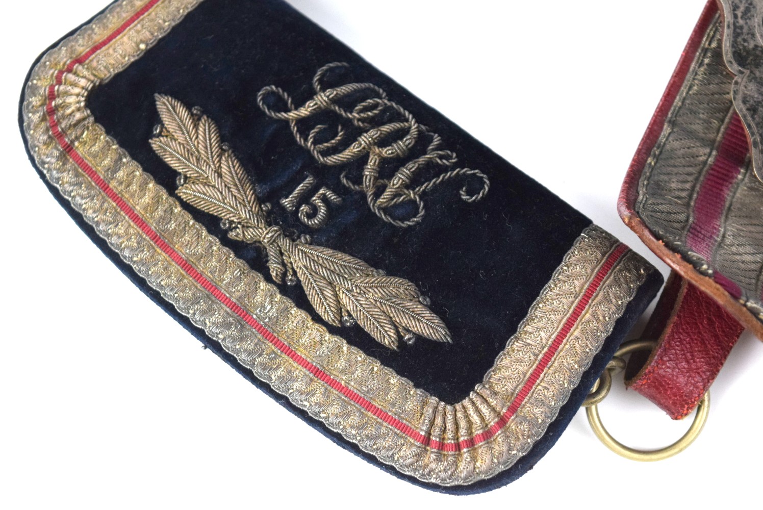 Very Nice 19th C. English French or Italian Officer's Cartridge Pouch & Belt with Fine Silver Embroidered Decorations & Owner's Monogram.