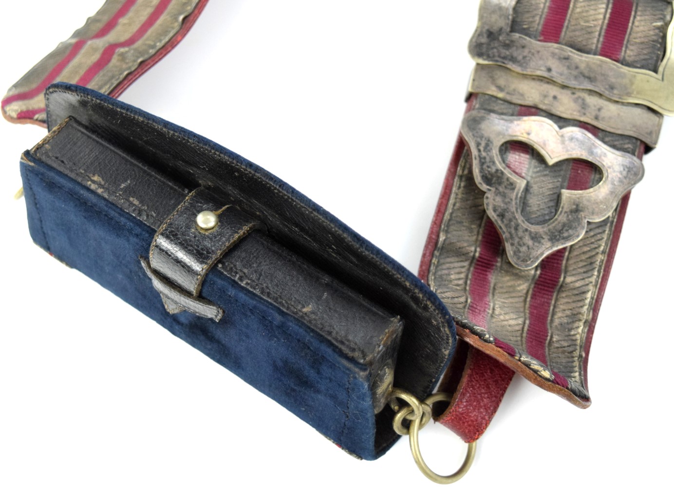 Very Nice 19th C. English French or Italian Officer's Cartridge Pouch & Belt with Fine Silver Embroidered Decorations & Owner's Monogram.
