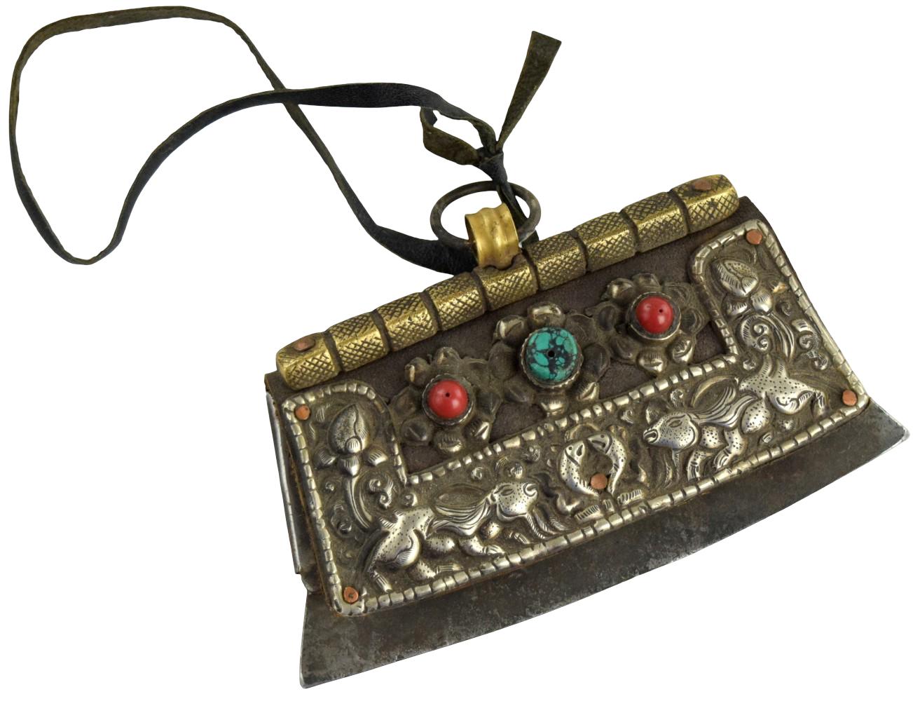 ANTIQUE 19TH C. TIBETAN SILVER, TURQUOISE & CORAL MECHAG FIRE STARTER POUCH