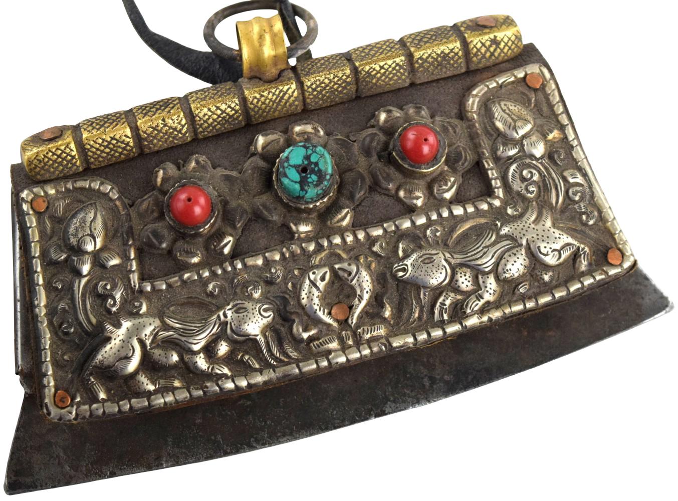 ANTIQUE 19TH C. TIBETAN SILVER, TURQUOISE & CORAL MECHAG FIRE STARTER POUCH