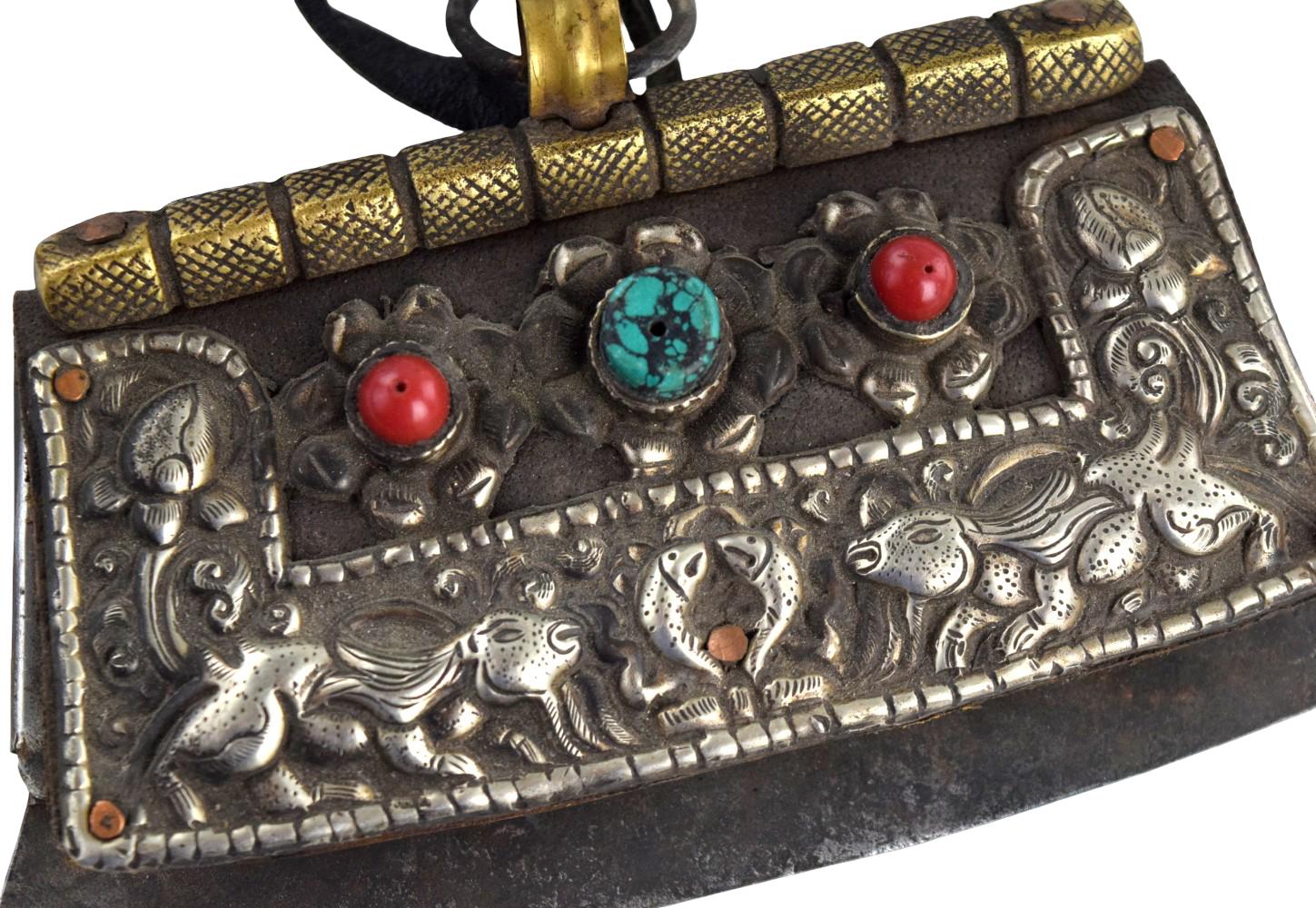 ANTIQUE 19TH C. TIBETAN SILVER, TURQUOISE & CORAL MECHAG FIRE STARTER POUCH