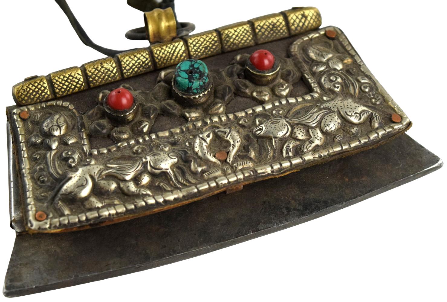 ANTIQUE 19TH C. TIBETAN SILVER, TURQUOISE & CORAL MECHAG FIRE STARTER POUCH