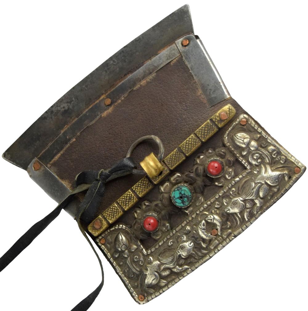 ANTIQUE 19TH C. TIBETAN SILVER, TURQUOISE & CORAL MECHAG FIRE STARTER POUCH