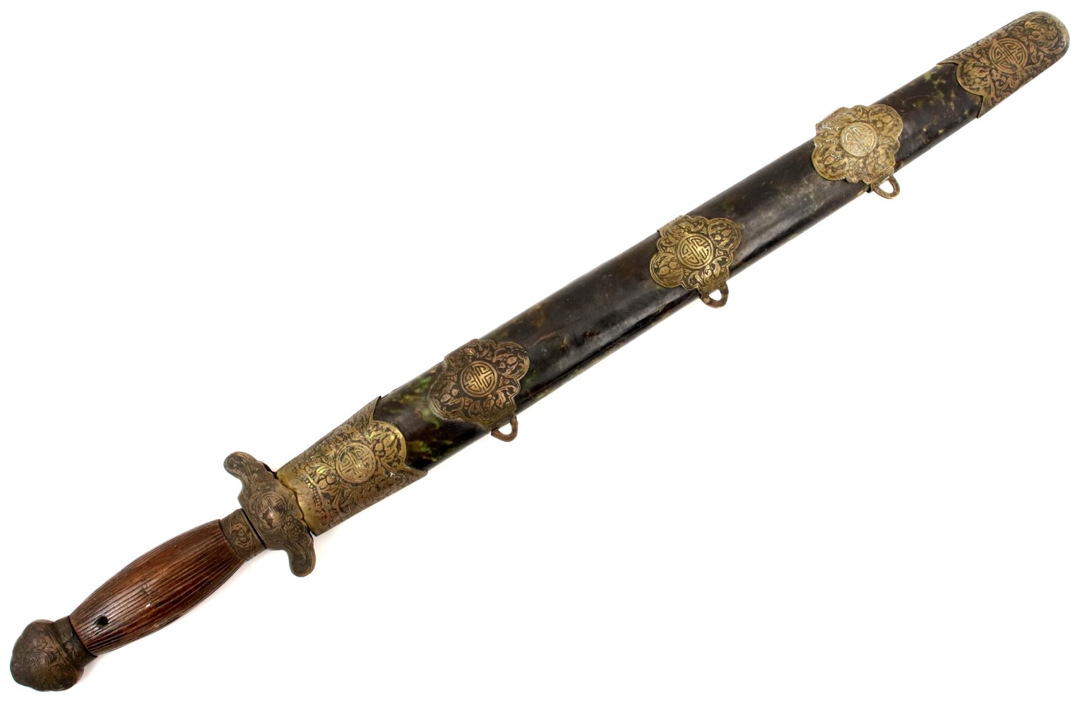 CHINESE 19TH C. TO BOXER REBELLION ERA WARRIOR'S JIAN SWORD WITH ENGRAVED BRASS MOUNTS