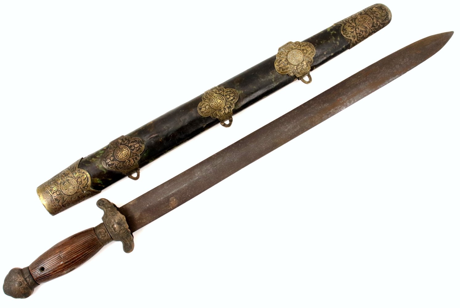 CHINESE 19TH C. TO BOXER REBELLION ERA WARRIOR'S JIAN SWORD WITH ENGRAVED BRASS MOUNTS