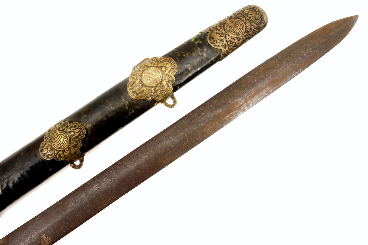 CHINESE 19TH C. TO BOXER REBELLION ERA WARRIOR'S JIAN SWORD WITH ENGRAVED BRASS MOUNTS