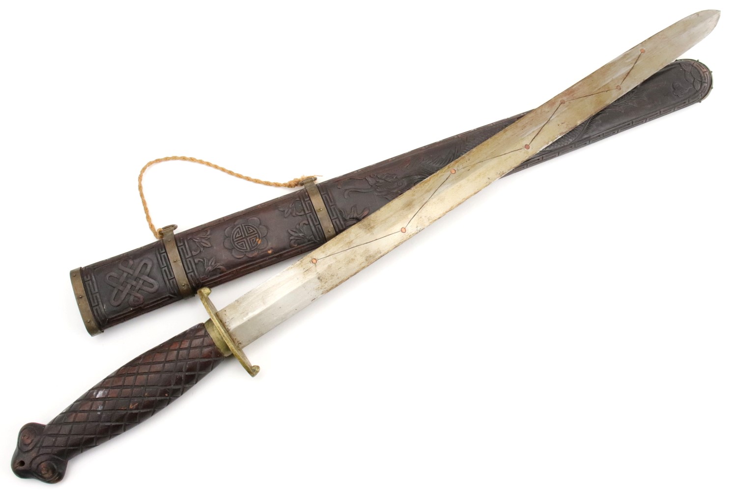 Chinese Boxer Rebellion era JIAN Fighting Sword in Carved Wood & Brass Mounts.