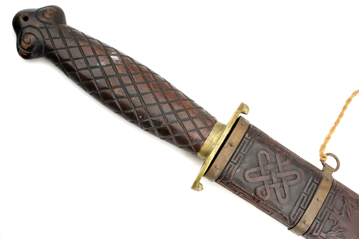 Chinese Boxer Rebellion era JIAN Fighting Sword in Carved Wood & Brass Mounts.