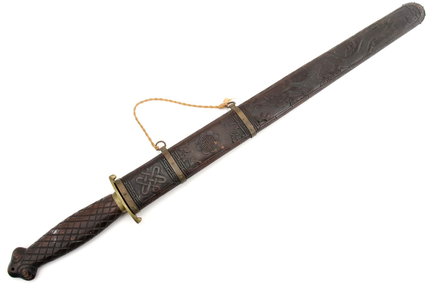 Chinese Boxer Rebellion era JIAN Fighting Sword in Carved Wood & Brass Mounts.