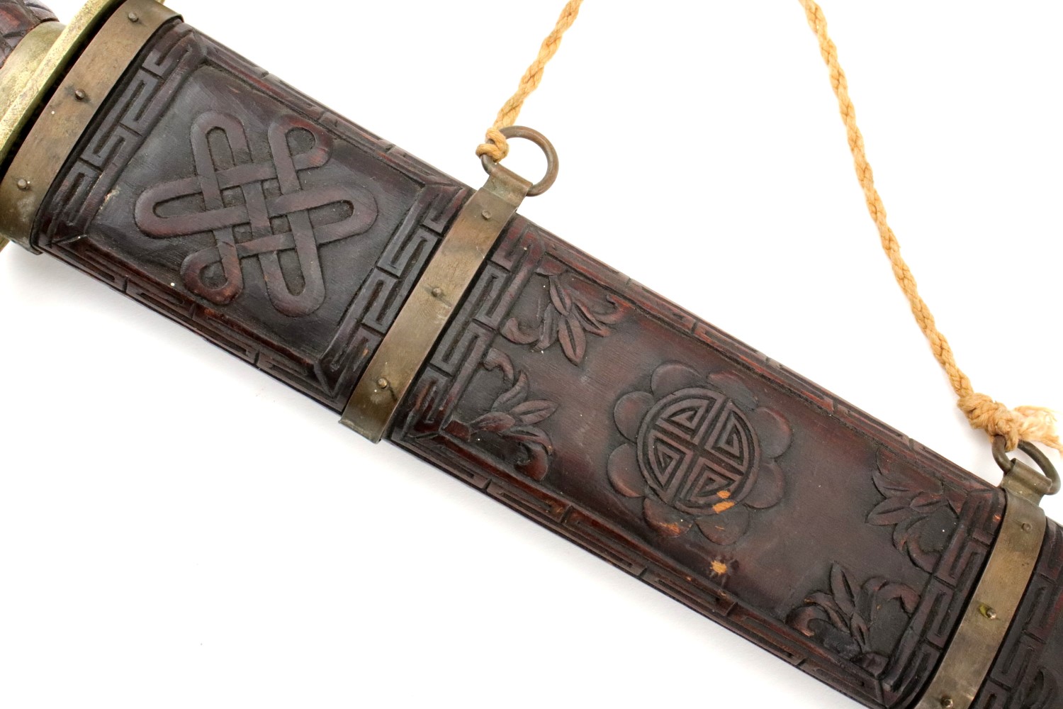Chinese Boxer Rebellion era JIAN Fighting Sword in Carved Wood & Brass Mounts.