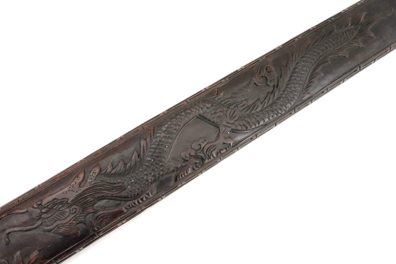 Chinese Boxer Rebellion era JIAN Fighting Sword in Carved Wood & Brass Mounts.