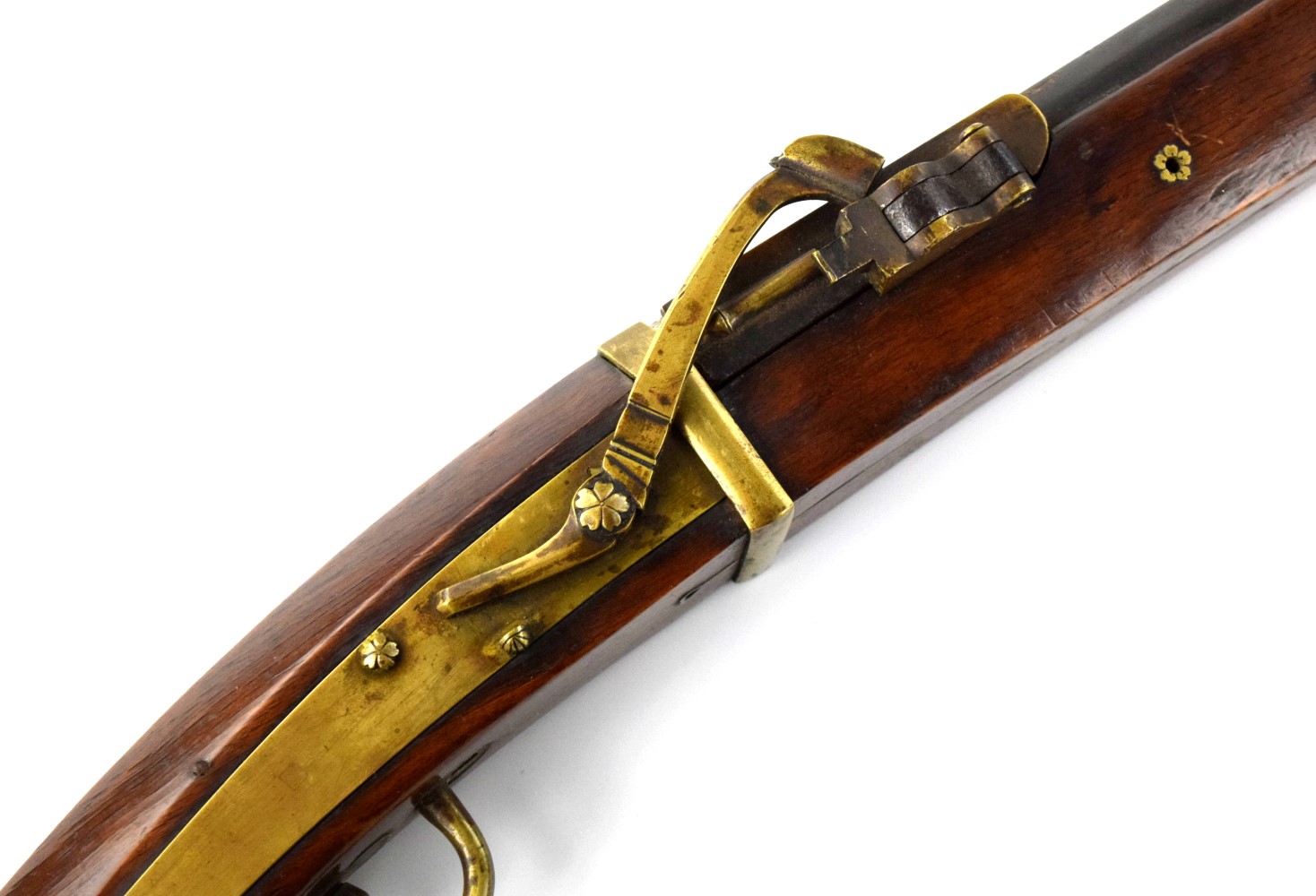 Very Good Japanese Samurai Long TANEGASHIMA Matchlock Rifle with Chiseled Barrel Decorations Including Large Dragon in the Skyes.