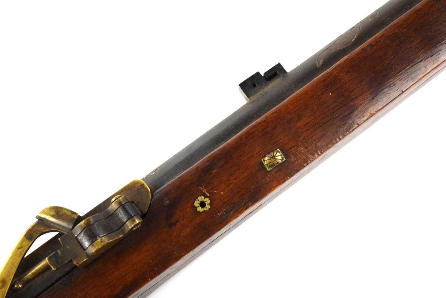 Very Good Japanese Samurai Long TANEGASHIMA Matchlock Rifle with Chiseled Barrel Decorations Including Large Dragon in the Skyes.