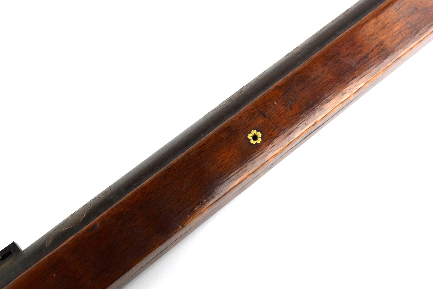 Very Good Japanese Samurai Long TANEGASHIMA Matchlock Rifle with Chiseled Barrel Decorations Including Large Dragon in the Skyes.