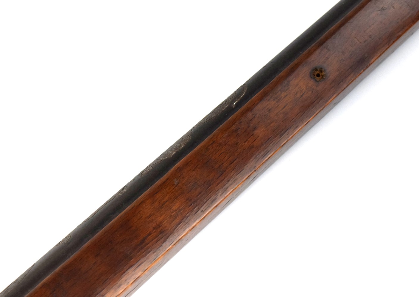 Very Good Japanese Samurai Long TANEGASHIMA Matchlock Rifle with Chiseled Barrel Decorations Including Large Dragon in the Skyes.