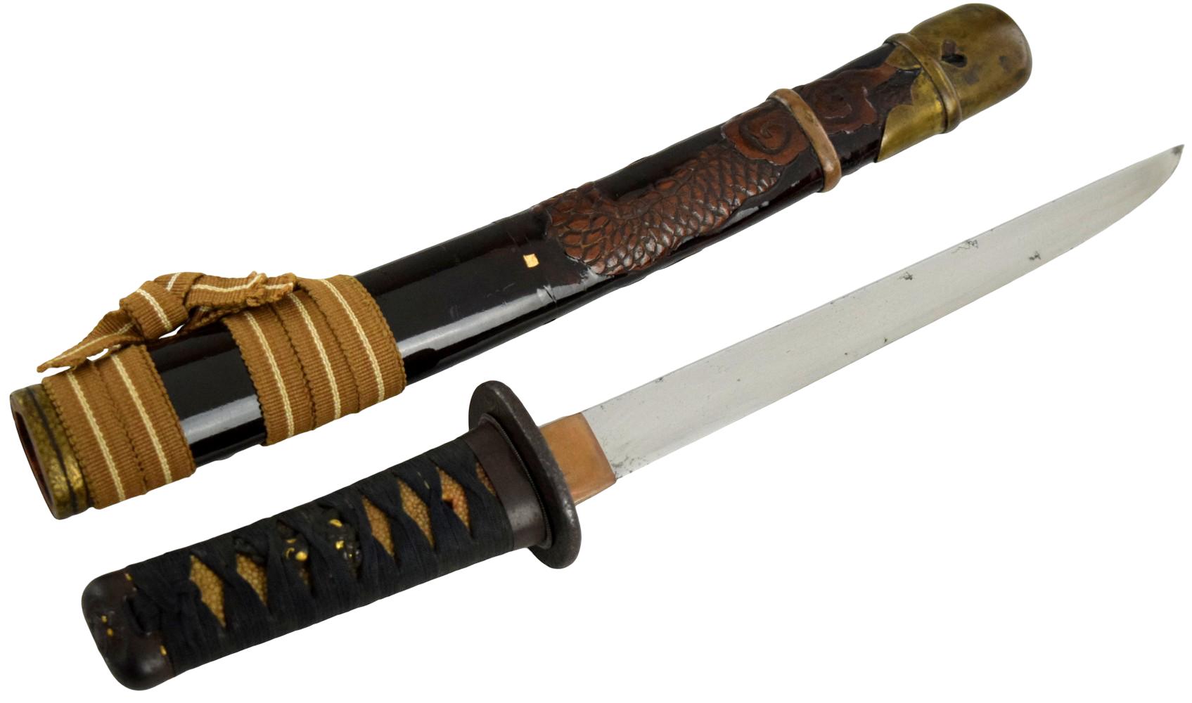 Koto tanto, 8 and 1/2 inch length of cutting edge, unsigned yoroi doshi armor piecer, ca. 1500's.