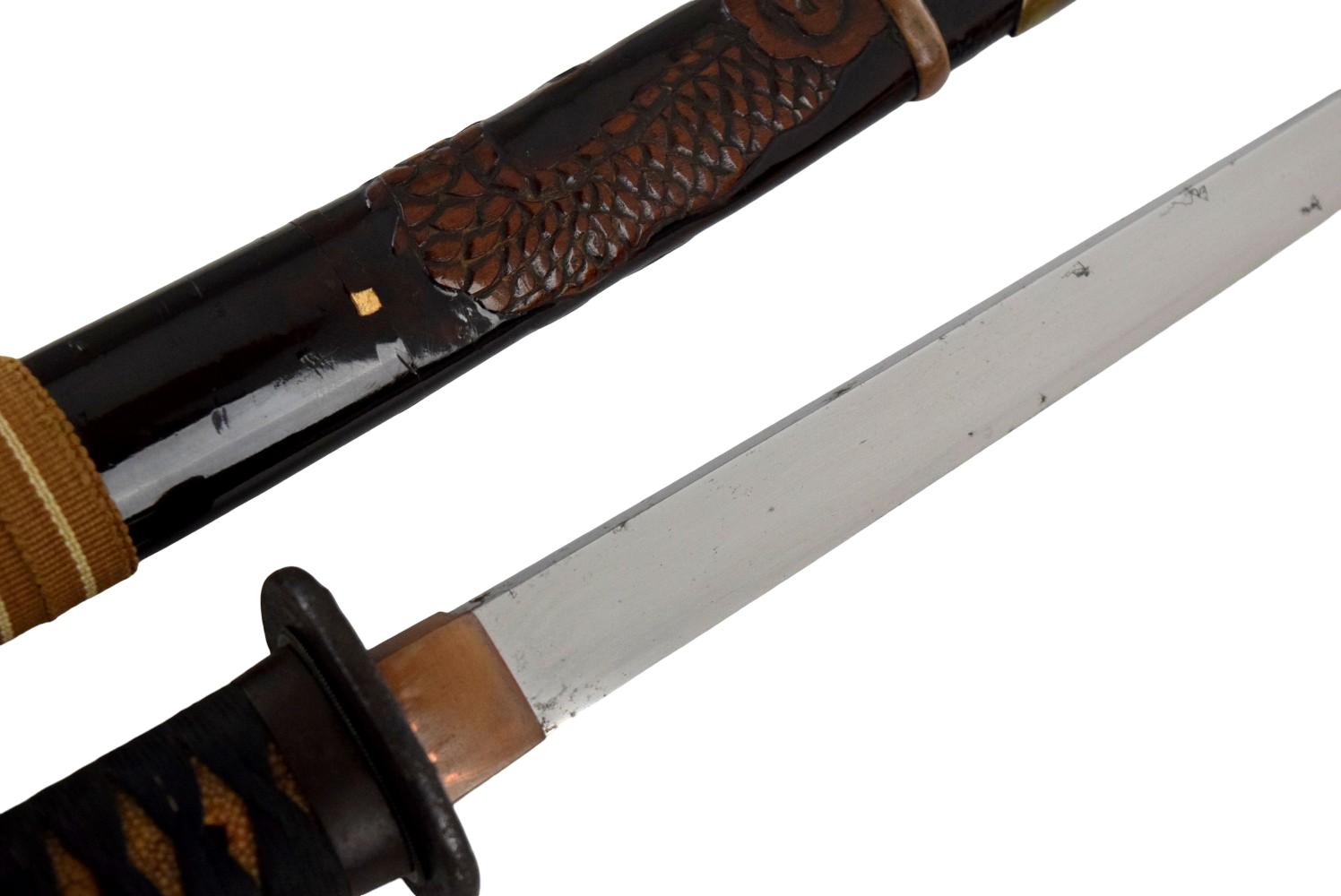 Koto tanto, 8 and 1/2 inch length of cutting edge, unsigned yoroi doshi armor piecer, ca. 1500's.