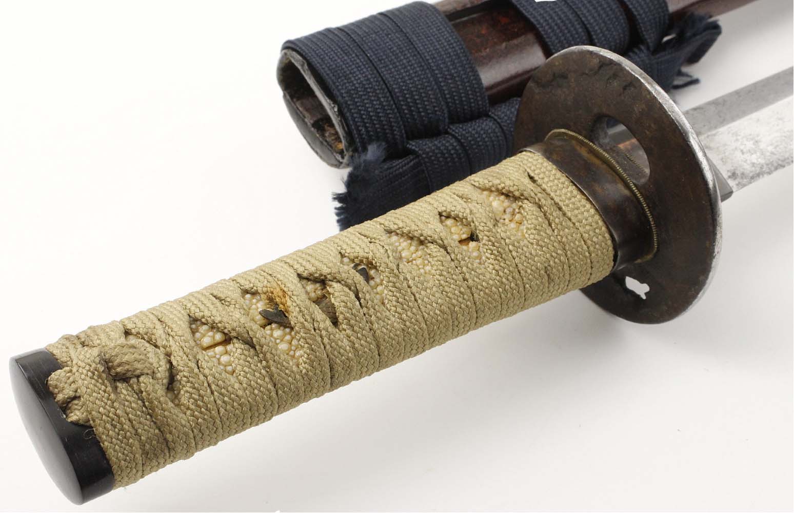 Antique Japanese Samurai Wakizashi Sword Dagger With Nice Mounts, Carp Fish Menukies & Mumei Koto Or Shinto Era Blade. Signed Tsuba.