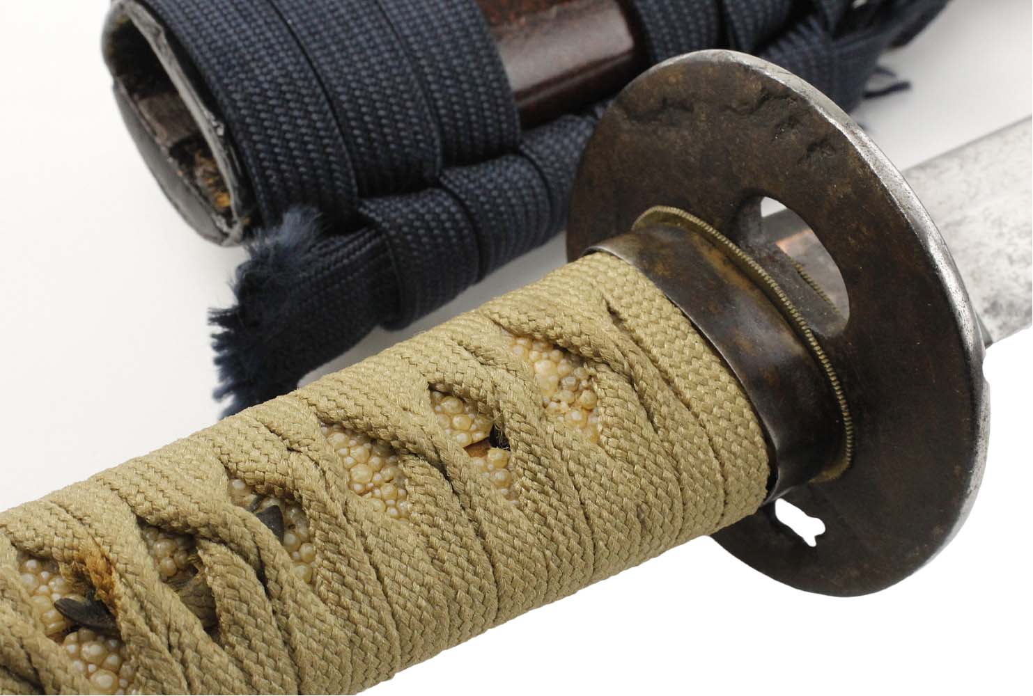 Antique Japanese Samurai Wakizashi Sword Dagger With Nice Mounts, Carp Fish Menukies & Mumei Koto Or Shinto Era Blade. Signed Tsuba.