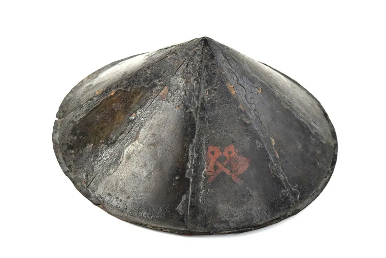 Antique Japanese Samurai Copper JINGASA Hat Helmet with Black Lacquer & Rare Red MON of Two Crossed Axes. Circa 18th-19th C.