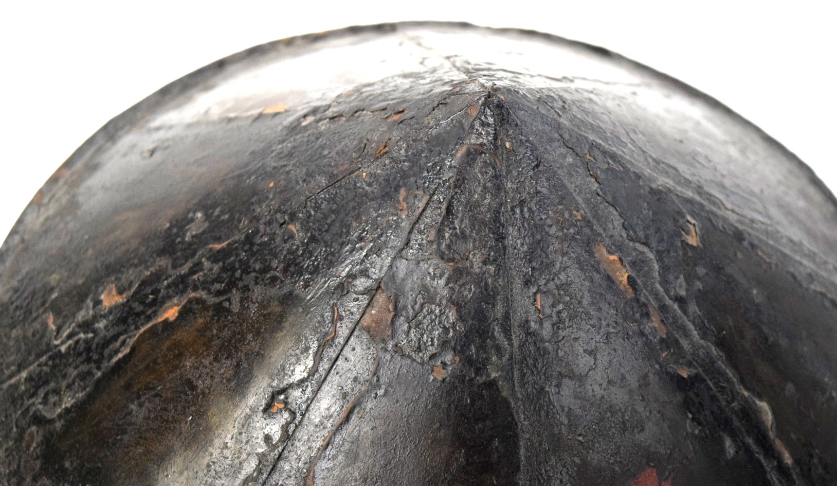 Antique Japanese Samurai Copper JINGASA Hat Helmet with Black Lacquer & Rare Red MON of Two Crossed Axes. Circa 18th-19th C.