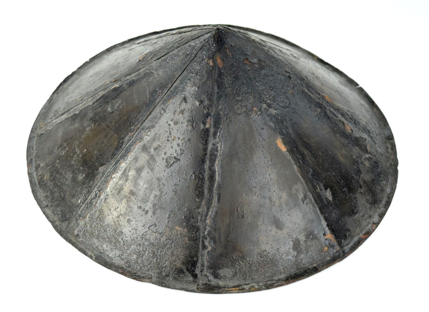 Antique Japanese Samurai Copper JINGASA Hat Helmet with Black Lacquer & Rare Red MON of Two Crossed Axes. Circa 18th-19th C.