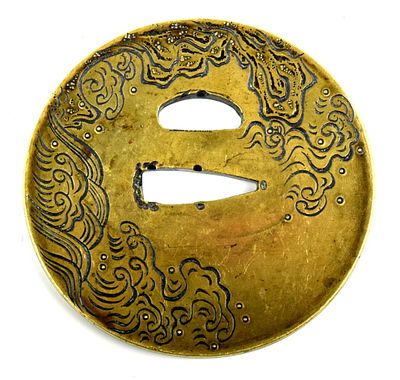 Antique Japanese TSUBA, a Samurai Sword / Dagger Guard. Size: 3" D. For additional images 