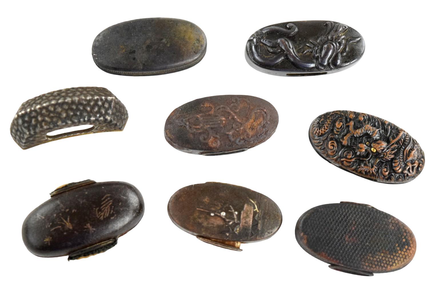 COLLECTION OF 8 ANTIQUE JAPANESE SWORD KASHIRA FITTINGS