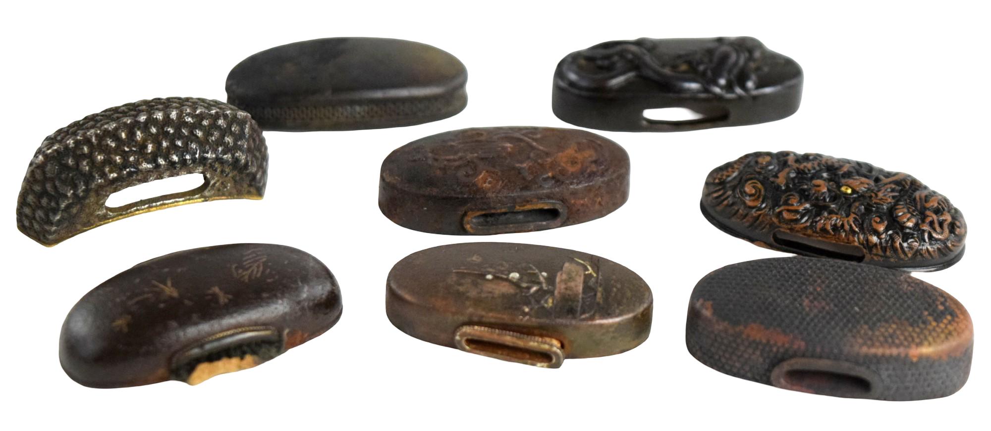 COLLECTION OF 8 ANTIQUE JAPANESE SWORD KASHIRA FITTINGS