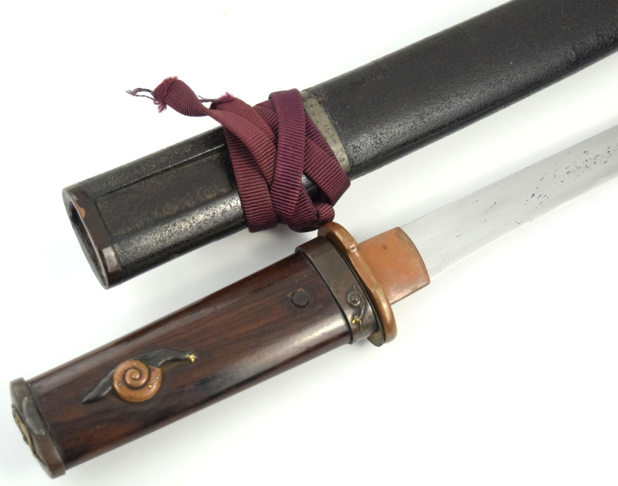 Very Nice KOTO era Japanese Samurai YOROIDOSHI-TANTO Dagger, Lovely Matching Large Snail Mounts, Thick Mumei Blade with Active Hamon & Grain