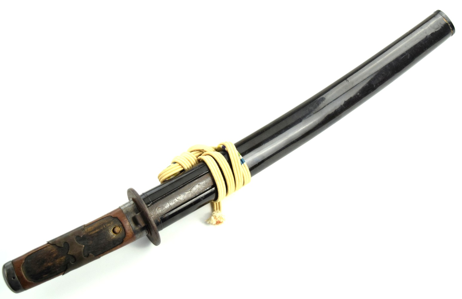Koto or Shinto era Japanese Samurai WAKIZASHI Sword Dagger, Mumei HIRAZUKURI Blade with Consistent Hamon. Nice Early Mounts & Signed Iron Gr