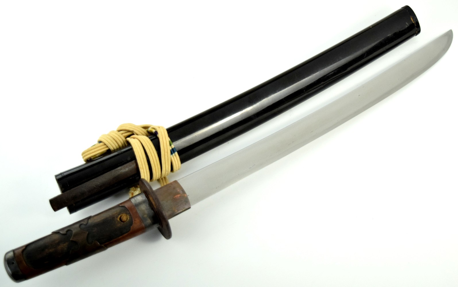 Koto or Shinto era Japanese Samurai WAKIZASHI Sword Dagger, Mumei HIRAZUKURI Blade with Consistent Hamon. Nice Early Mounts & Signed Iron Gr