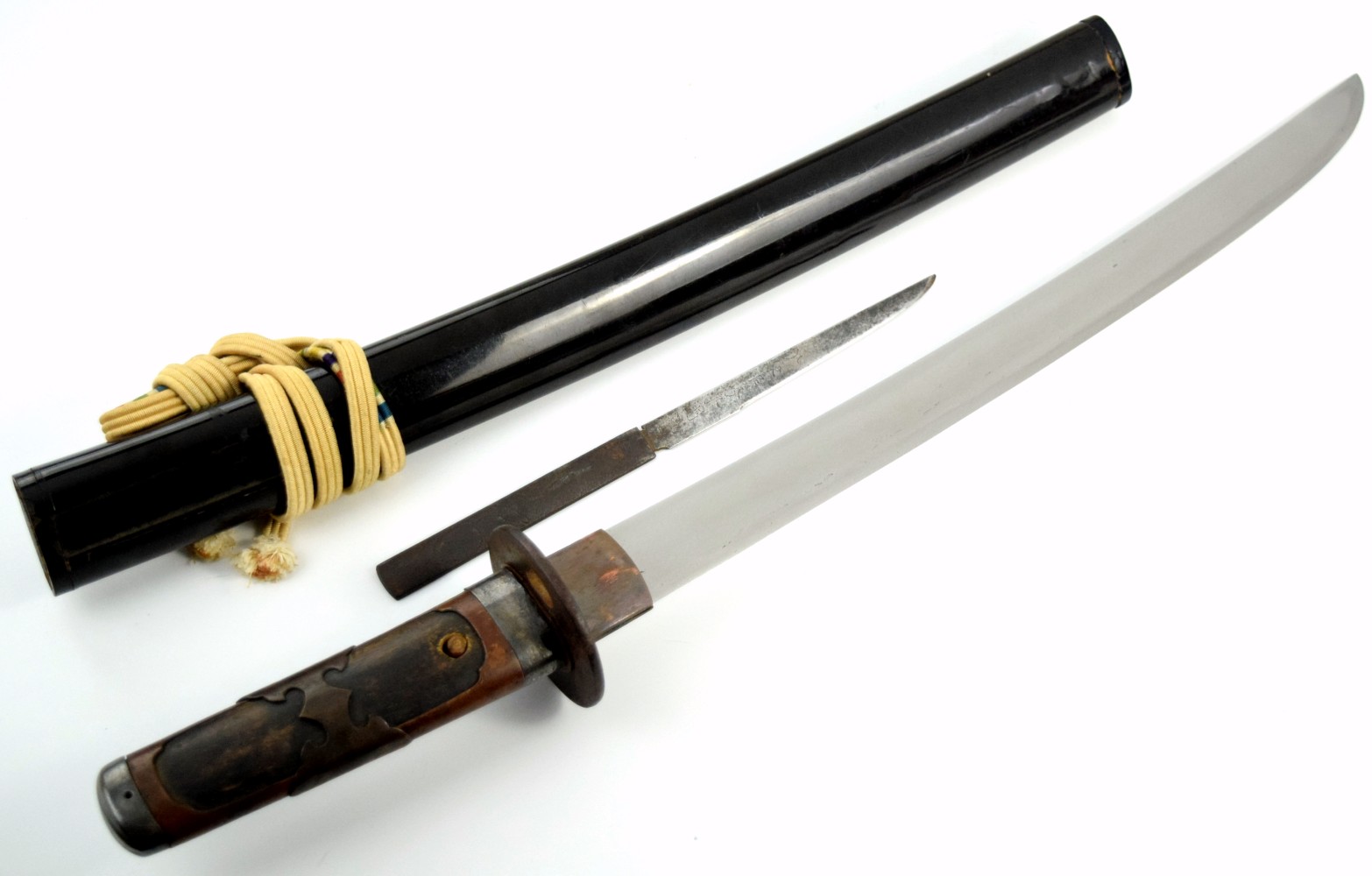 Koto or Shinto era Japanese Samurai WAKIZASHI Sword Dagger, Mumei HIRAZUKURI Blade with Consistent Hamon. Nice Early Mounts & Signed Iron Gr
