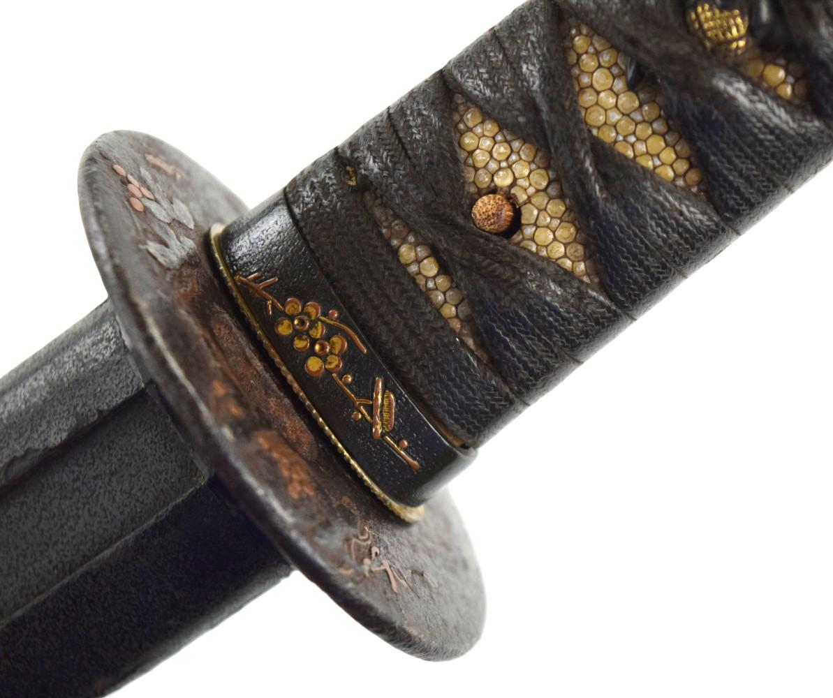JAPANESE EDO WAKIZASHI KOSHIRAE WITH DECORATED IRON TSUBA