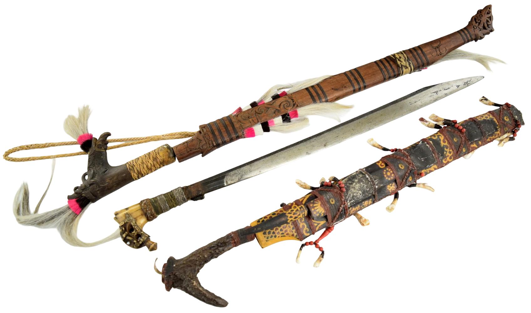 LOT OF 3 ANTIQUE DAYAK HEADHUNTER SWORDS, BORNEO