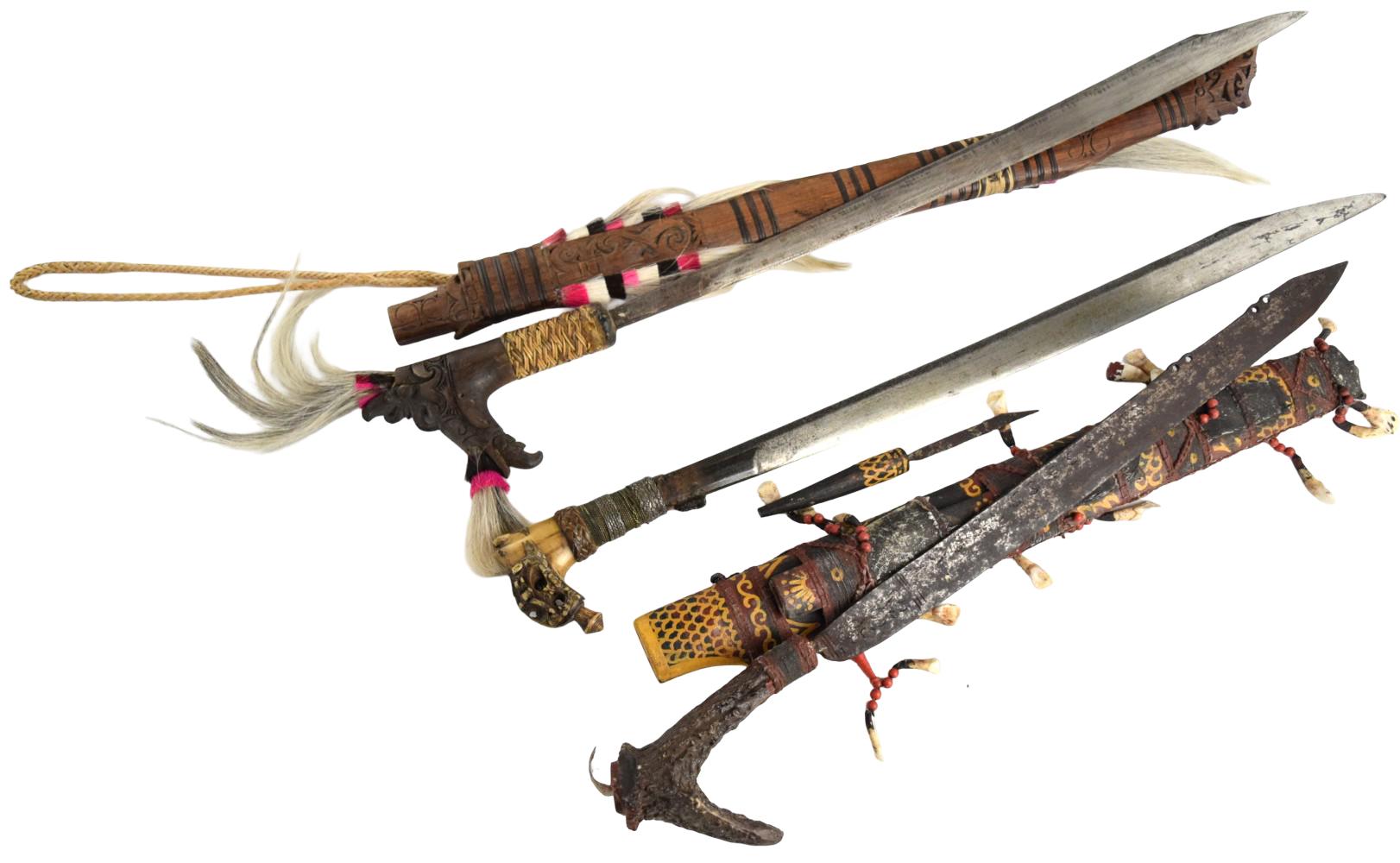 LOT OF 3 ANTIQUE DAYAK HEADHUNTER SWORDS, BORNEO