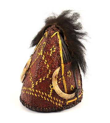 Rare 19th C. Indonesian Headhunters Dayak or Naga Tribe Warrior Hat Helmet with Boar Tusk. Rare 