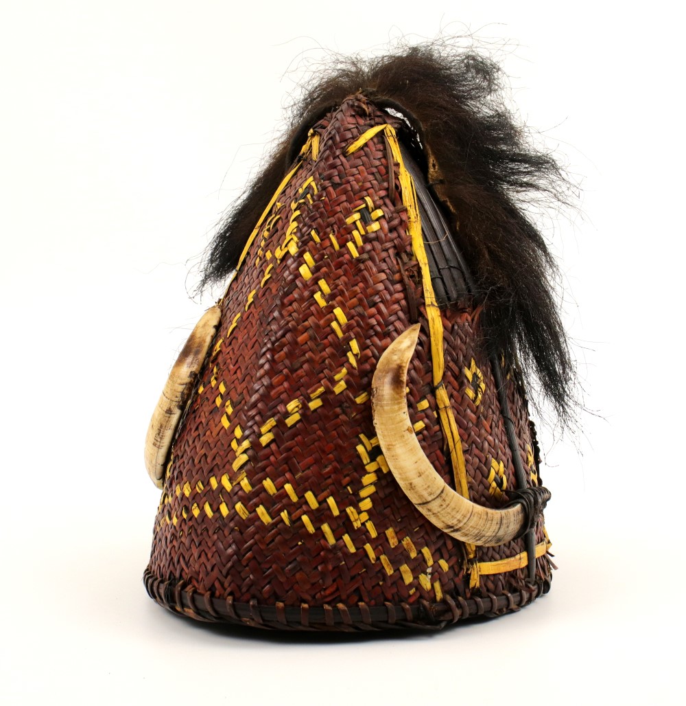 Rare 19th C. Indonesian Headhunters Dayak or Naga Tribe Warrior Hat Helmet with Boar Tusk