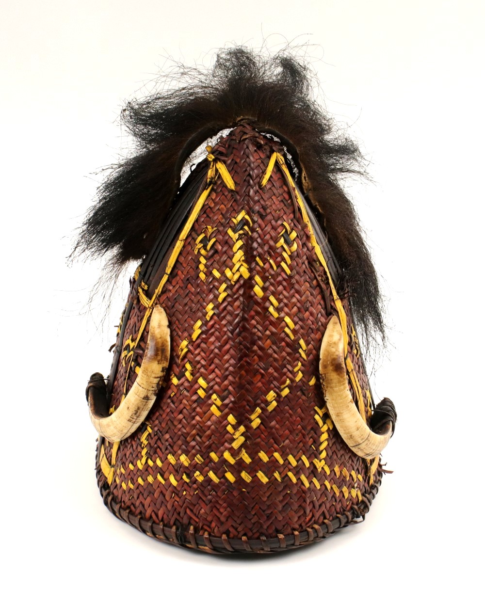 Rare 19th C. Indonesian Headhunters Dayak or Naga Tribe Warrior Hat Helmet with Boar Tusk