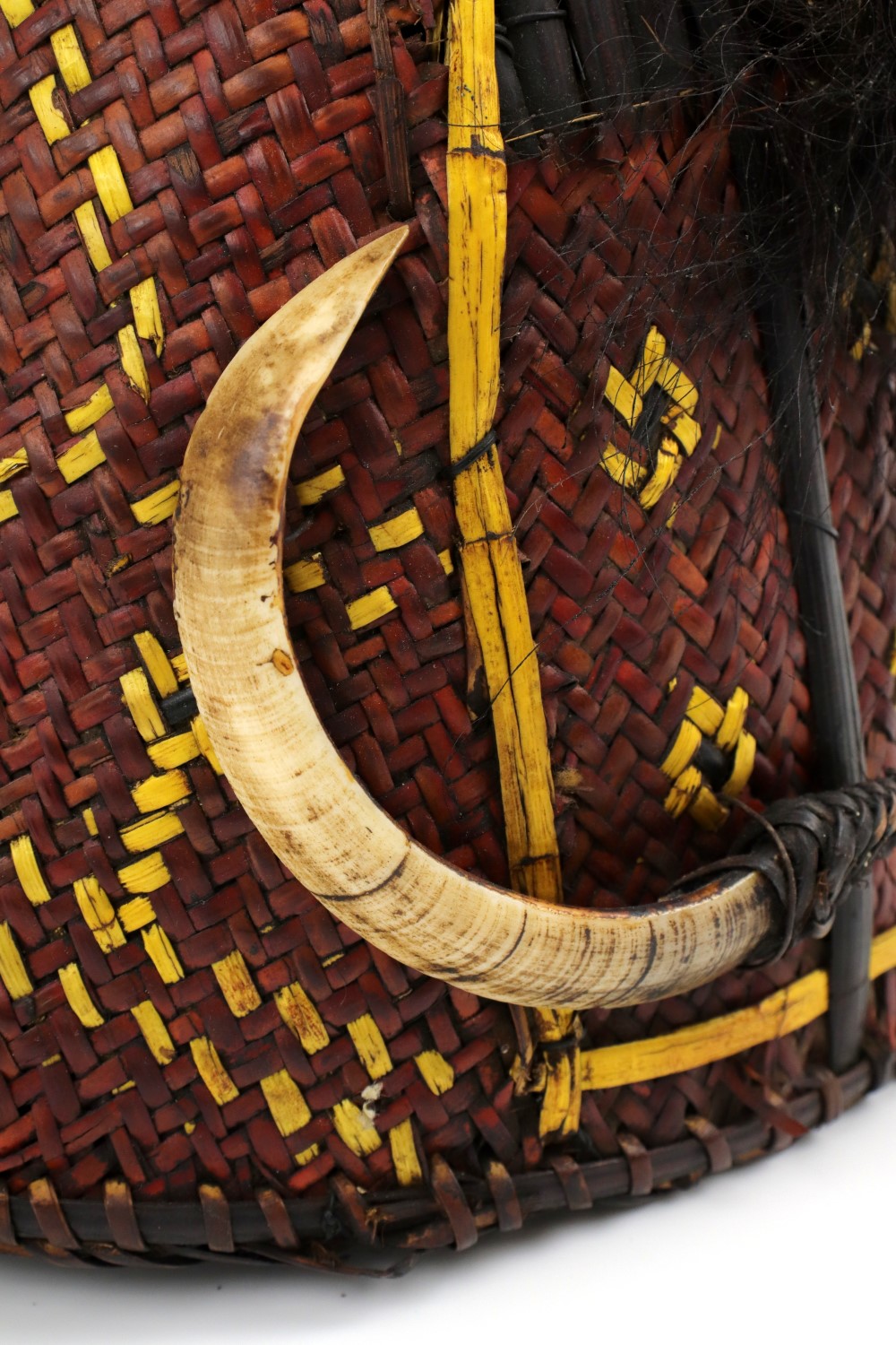 Rare 19th C. Indonesian Headhunters Dayak or Naga Tribe Warrior Hat Helmet with Boar Tusk