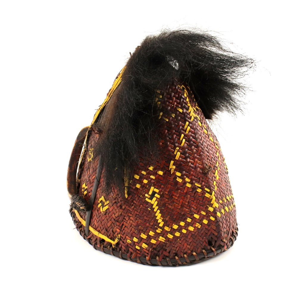 Rare 19th C. Indonesian Headhunters Dayak or Naga Tribe Warrior Hat Helmet with Boar Tusk