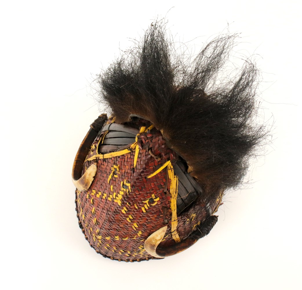 Rare 19th C. Indonesian Headhunters Dayak or Naga Tribe Warrior Hat Helmet with Boar Tusk