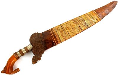 Good Antique Philippine Moro Chieftain's BARONG Sword Dagger with Silver Grip Rings & Nice 