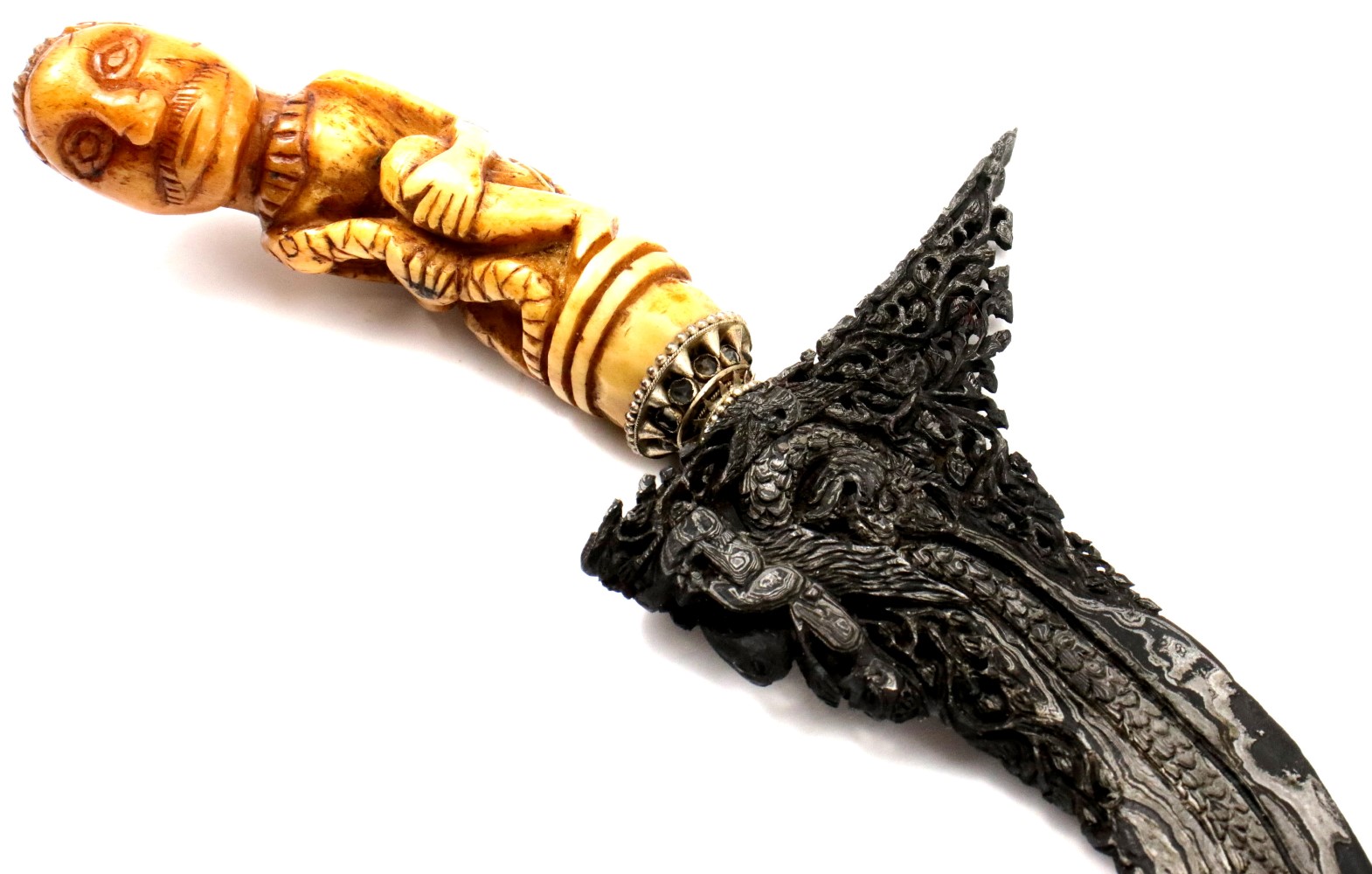 Rare Antique Indonesian KERIS Dagger with Fine Carved Bone Grip & Exquisite Carved Damascus Steel Blade.
