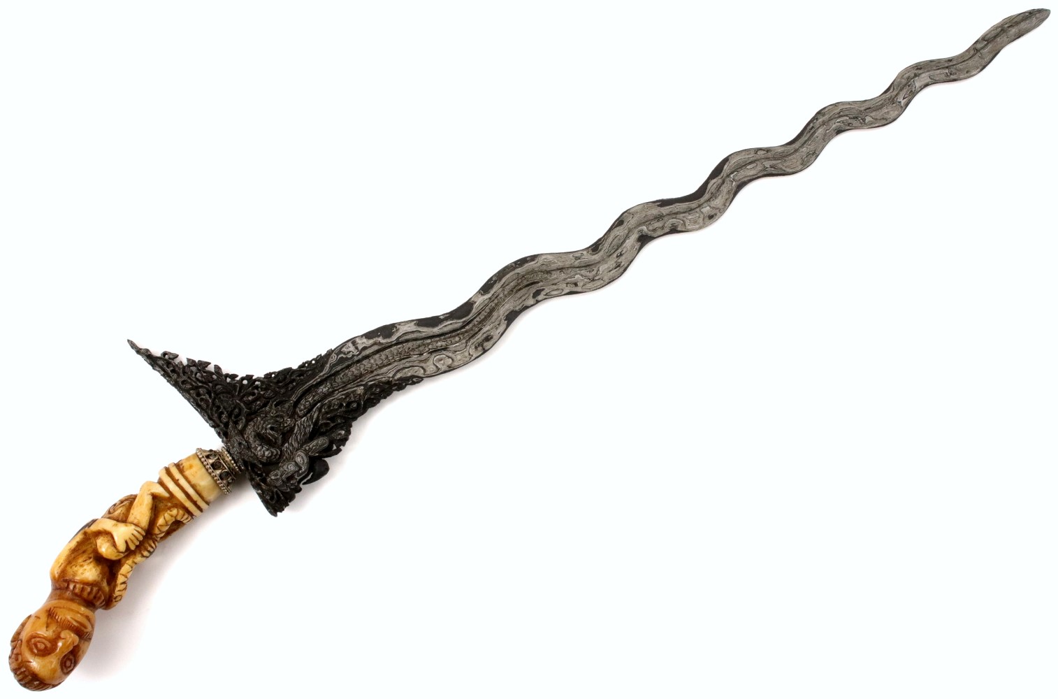 Rare Antique Indonesian KERIS Dagger with Fine Carved Bone Grip & Exquisite Carved Damascus Steel Blade.