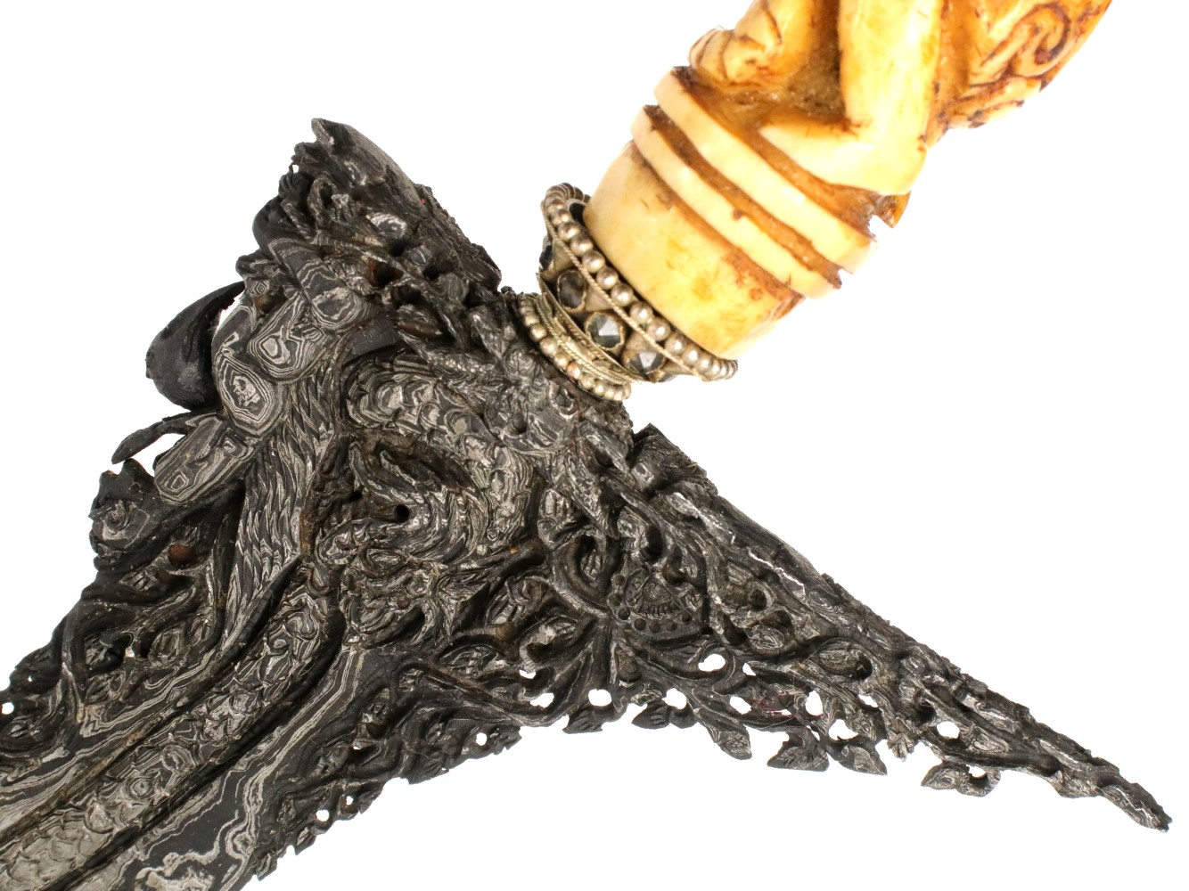 Rare Antique Indonesian KERIS Dagger with Fine Carved Bone Grip & Exquisite Carved Damascus Steel Blade.