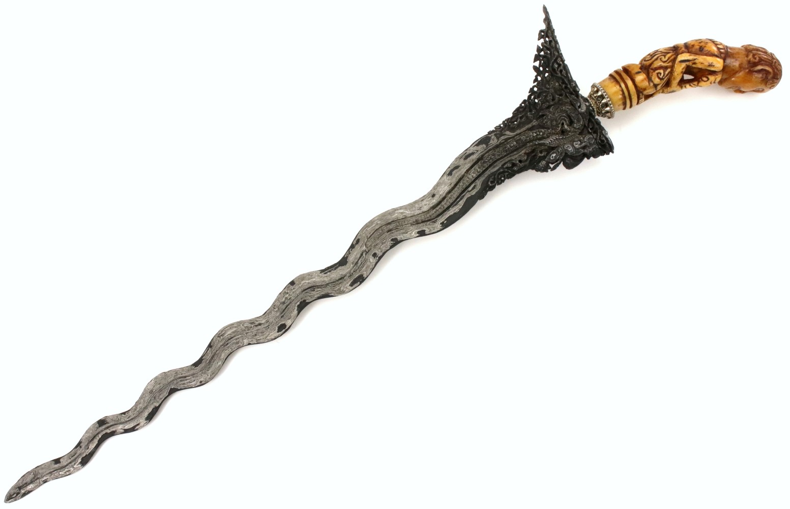 Rare Antique Indonesian KERIS Dagger with Fine Carved Bone Grip & Exquisite Carved Damascus Steel Blade.