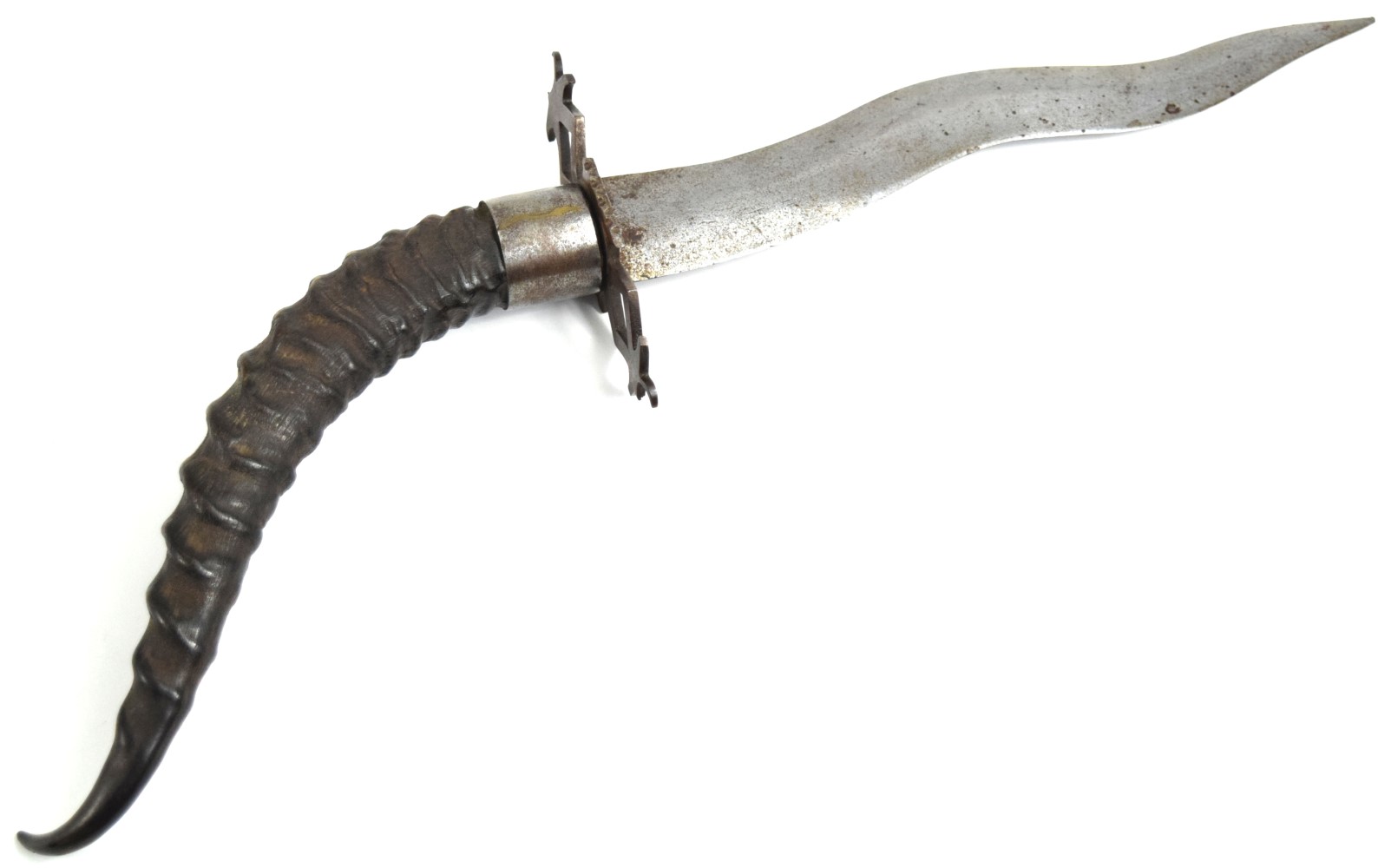 Large 19th C. Asian Philippine or Indonesian Fighting Dagger Short Sword with Strong Wavy Blade & Large Gazelle Horn Grip.