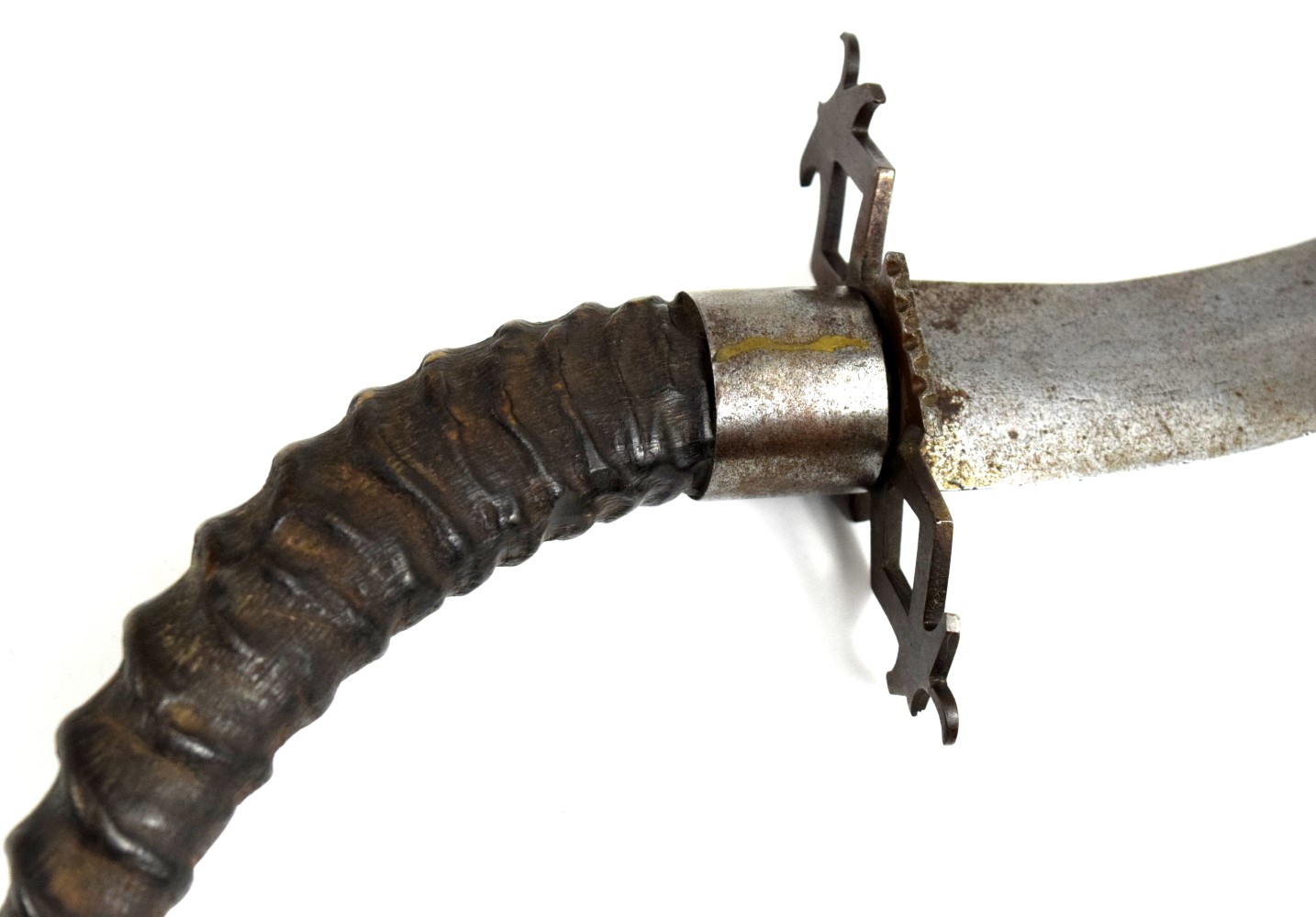 Large 19th C. Asian Philippine or Indonesian Fighting Dagger Short Sword with Strong Wavy Blade & Large Gazelle Horn Grip.
