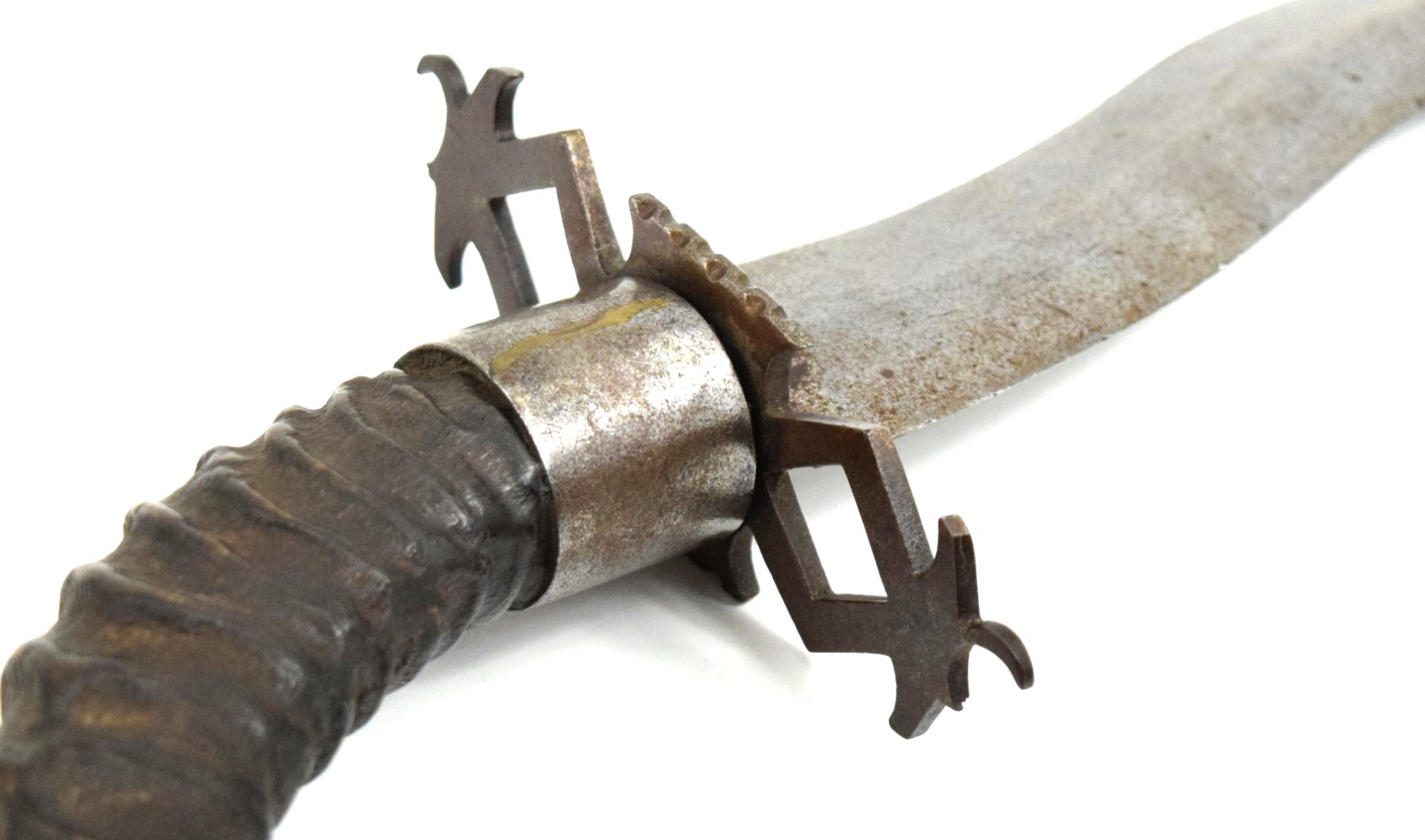 Large 19th C. Asian Philippine or Indonesian Fighting Dagger Short Sword with Strong Wavy Blade & Large Gazelle Horn Grip.